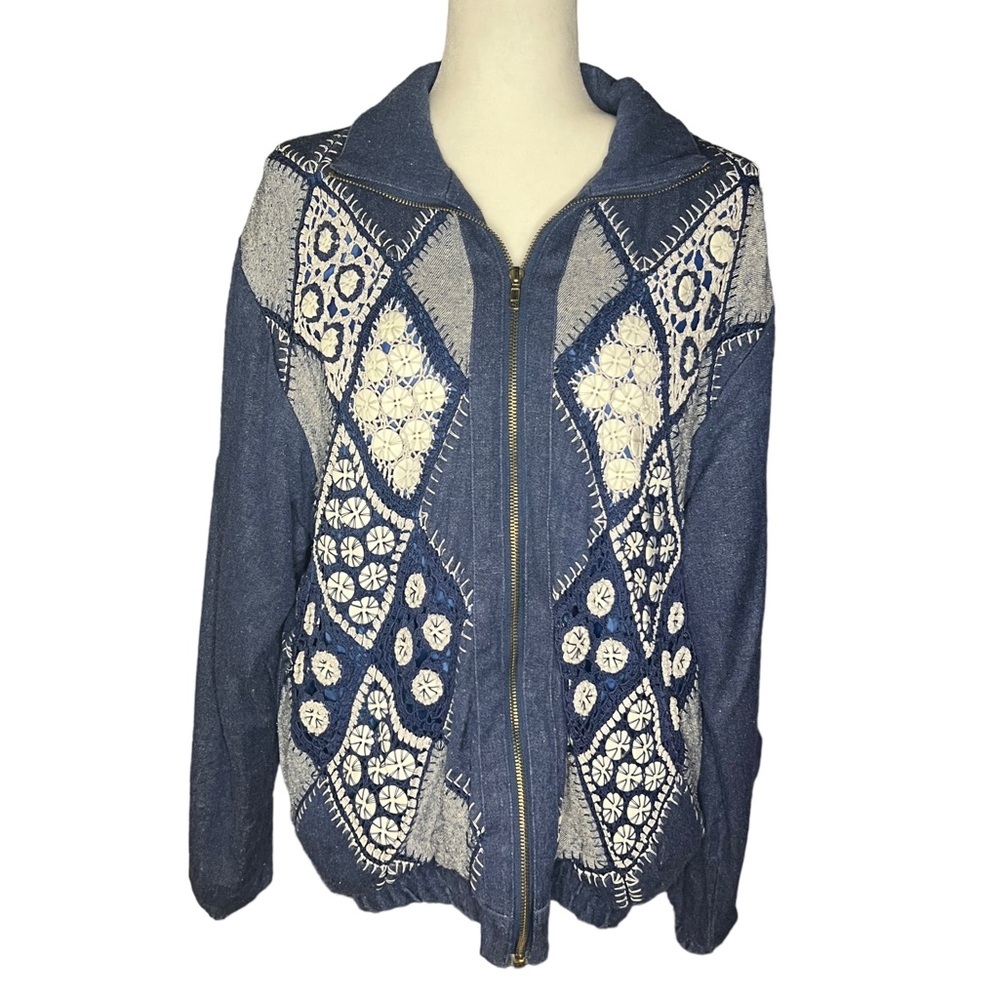 Vintage Cottagecore Crochet-Front Denim Jacket 90’s M